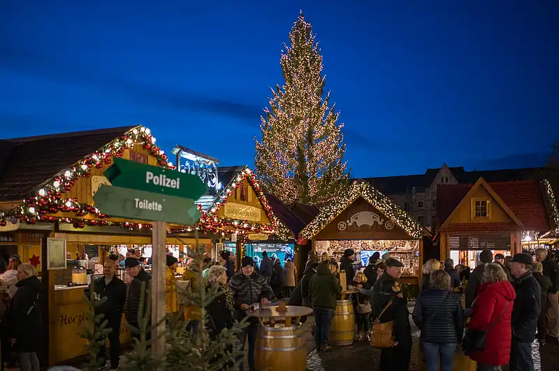 Menschen stehen vor Buden und Stehtischen, im Hintergrund leuchtet ein hoher Baum mit tausenden warmen Lichtern.