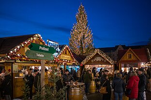 Menschen stehen vor Buden und Stehtischen, im Hintergrund leuchtet ein hoher Baum mit tausenden warmen Lichtern.